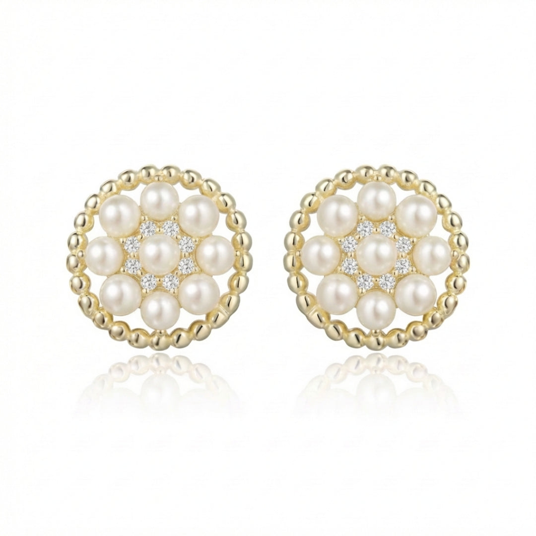 Vintage Pearl Stud Earrings - Gold Plated Sterling Silver with CZ Halo