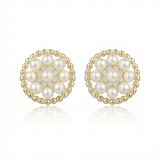 Vintage Pearl Stud Earrings - Gold Plated Sterling Silver with CZ Halo