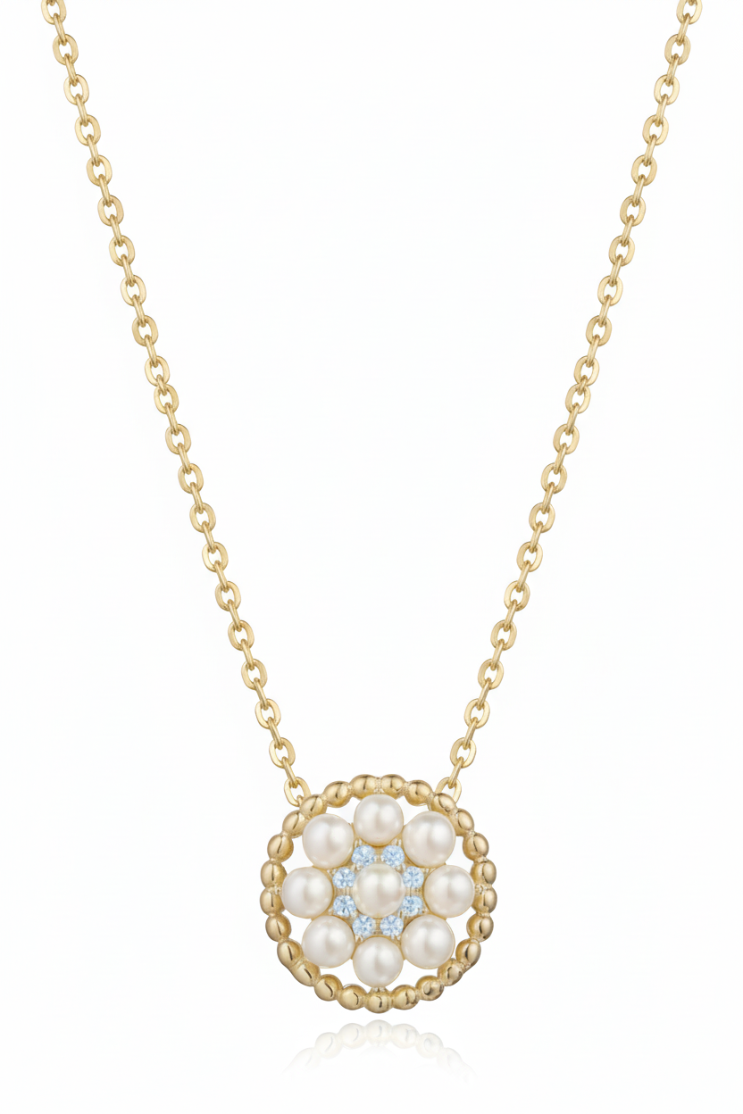 Vintage Pearl Gold Plated Sterling Silver with CZ Halo Necklace