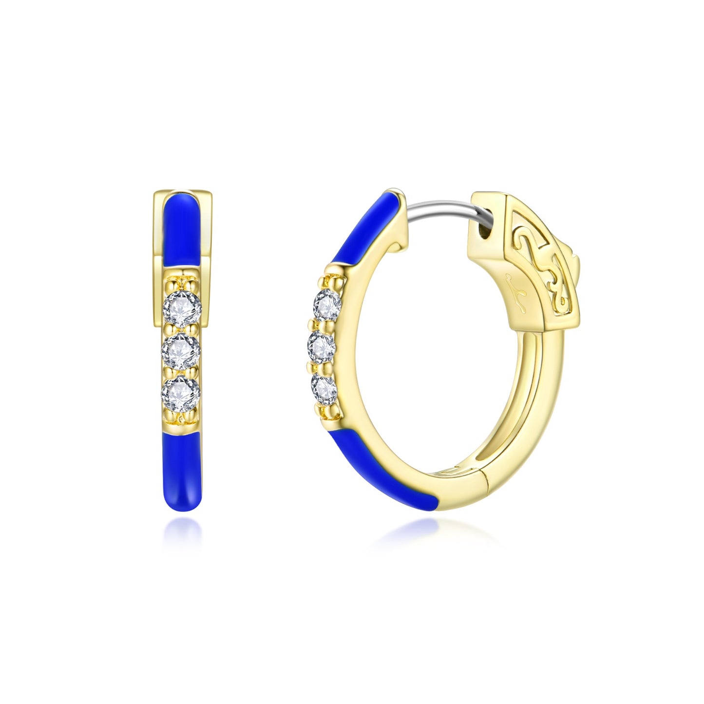 Surgical Steel Gold Plated Round CZ and Enamel Hoop Earrings