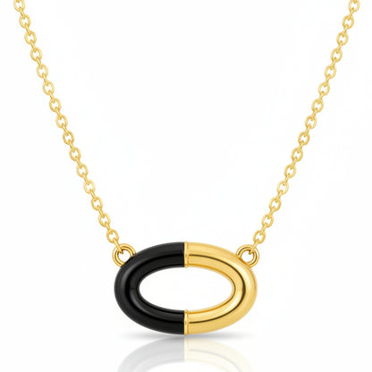 Sterling Silver Oval Pendant Necklace - Black Enamel