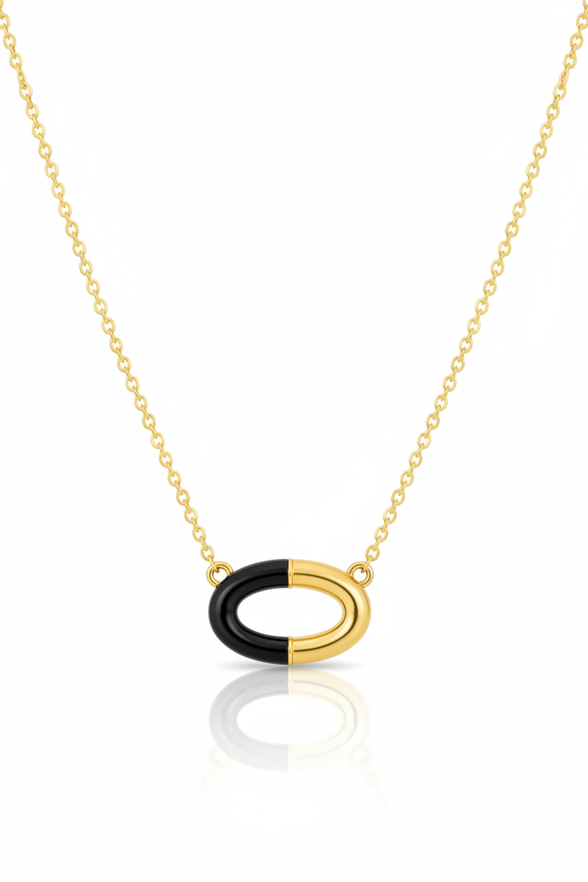 Sterling Silver Oval Pendant Necklace - Black Enamel
