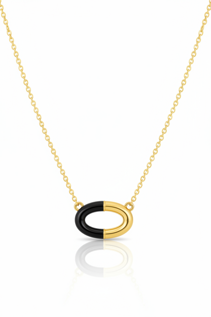 Sterling Silver Oval Pendant Necklace - Black Enamel