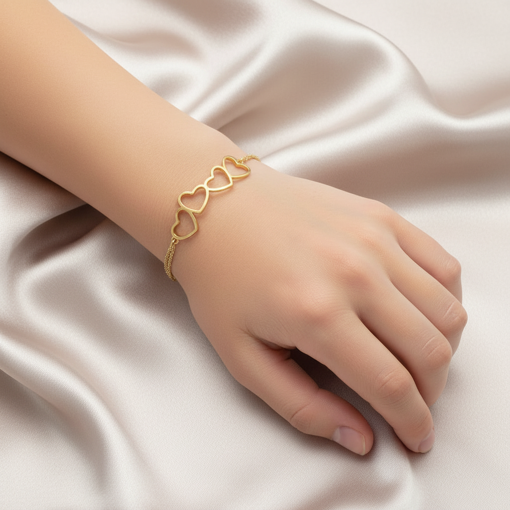 Gold Plated Sterling Silver Four Heart Double Chain Bracelet