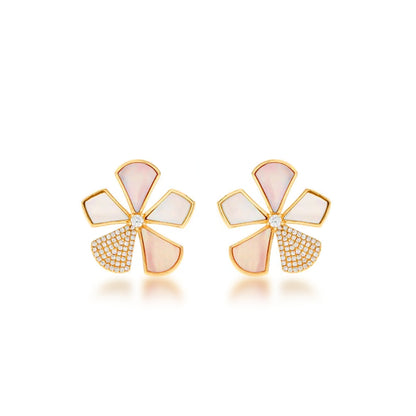 Surgical Steel Gold Plated Mother of Pearl And CZ Five Petal Flower Stud Earrings