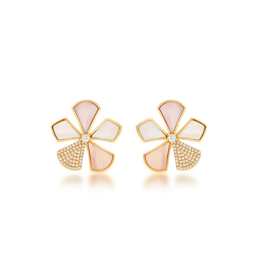 Surgical Steel Gold Plated Mother of Pearl And CZ Five Petal Flower Stud Earrings