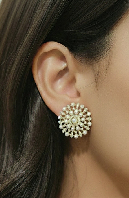 Pearl & CZ Stud Earrings - 18mm Gold Plated Sterling Silver