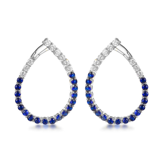 Sterling Silver Clear and Sapphire or Ruby and CZ Front Back J Hoop Teardrop Earrings