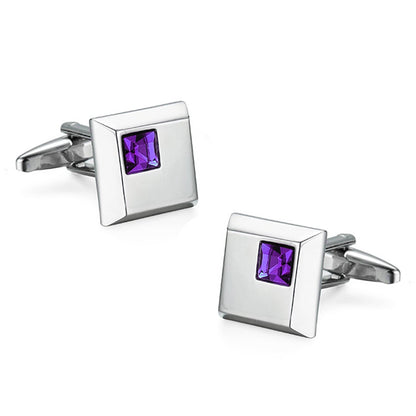 Silver Color Square Cufflinks with Purple Stone
