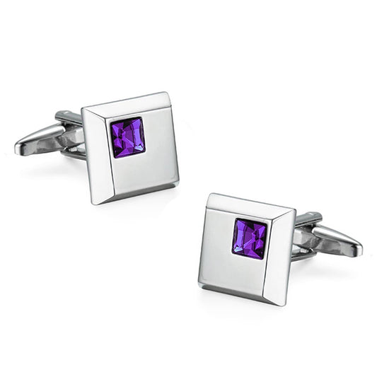 Silver Color Square Cufflinks with Purple Stone