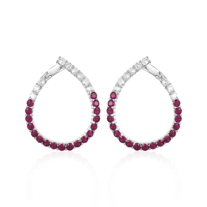 Sterling Silver Clear and Sapphire or Ruby and CZ Front Back J Hoop Teardrop Earrings