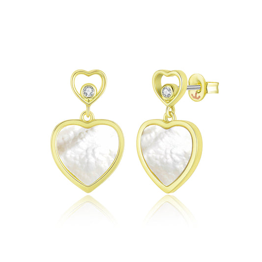 Surgical Steel Gold Plated Double Heart With Mother Of Pearl Earring