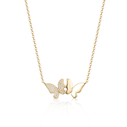 Sterling Silver Gold Plated Double Butterfly With CZ Necklace