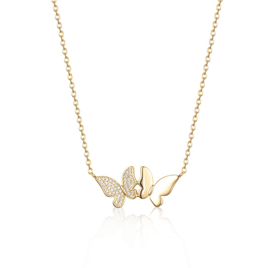 Sterling Silver Gold Plated Double Butterfly With CZ Necklace