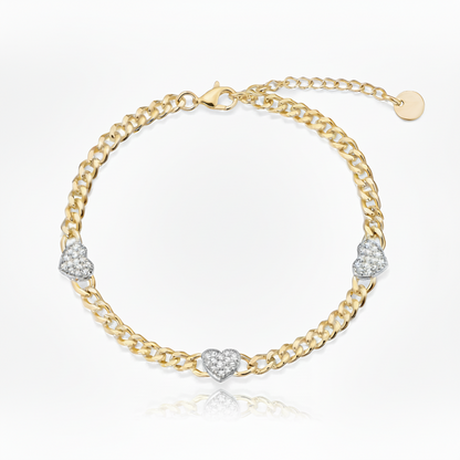Gold-plated Sterling Silver Cuban Chain With Three Micropave Hearts Bracelet