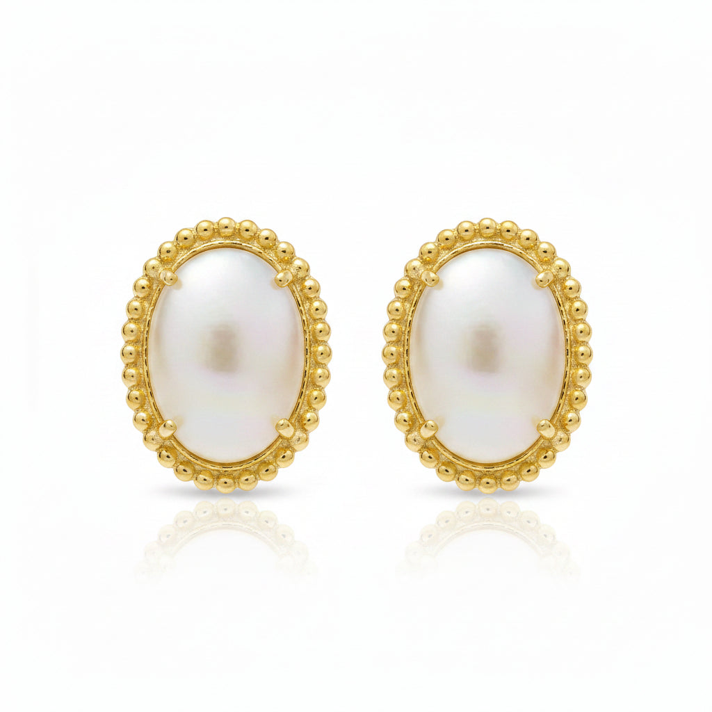 Gold Plated Sterling Silver Oval Mother of Pearl Beaded Border Stud Earrings