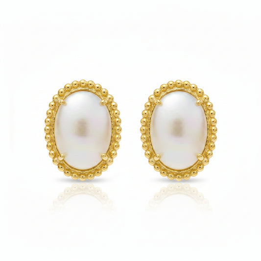 Gold Plated Sterling Silver Oval Mother of Pearl Beaded Border Stud Earrings