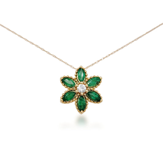 14K Gold White Sapphire and Emerald Flower Necklace