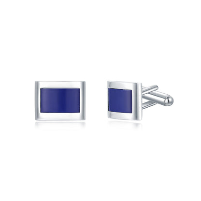 Rhodium Plated Curved Rectangular Blue Cufflinks