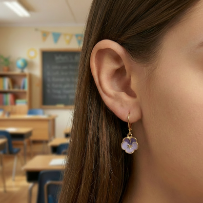Colorful Enamel Pansy Flower Surgical Steel Leverback Earrings - Hypoallergenic Kids Jewelry