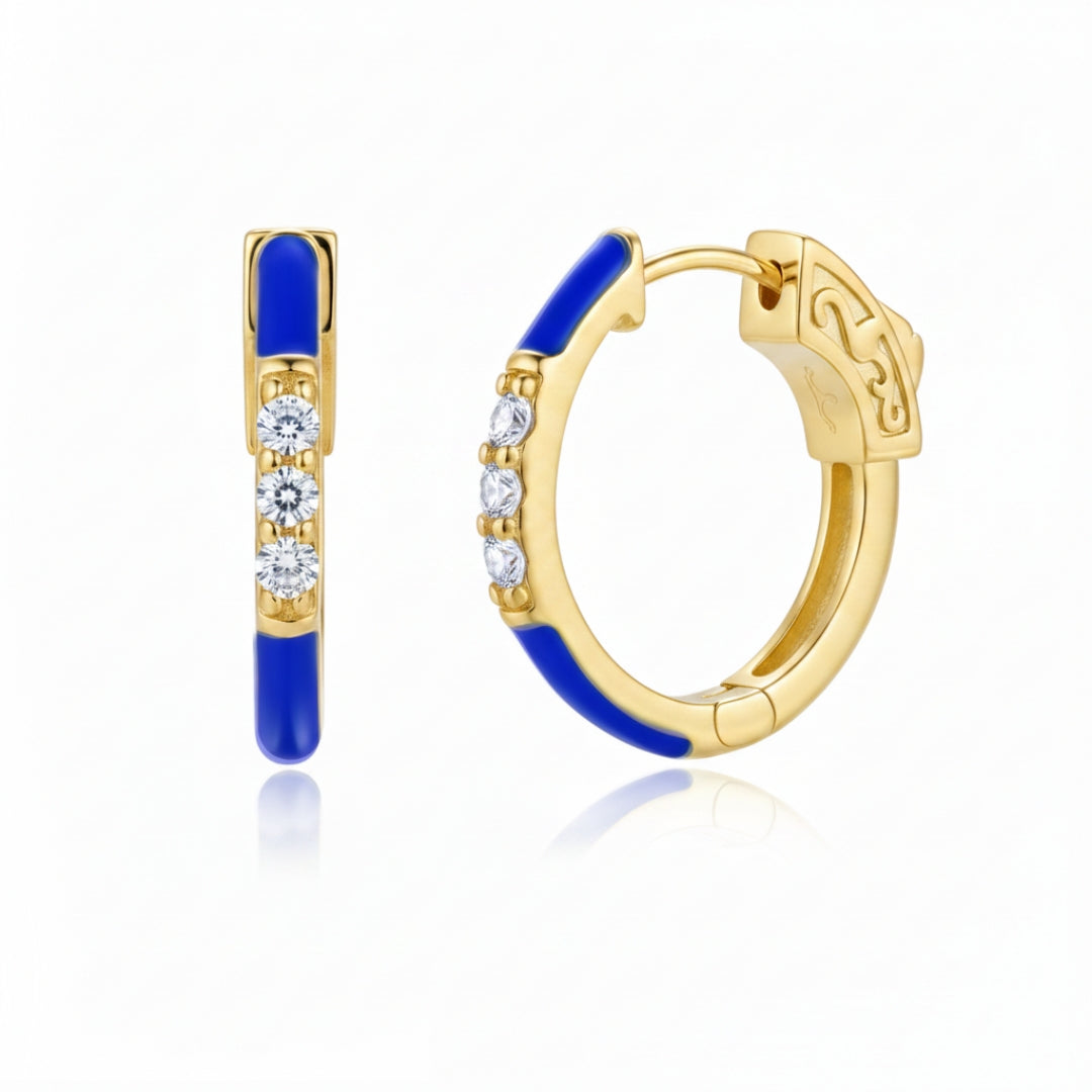 Surgical Steel Gold Plated Oval CZ and Enamel Hoop Earrings