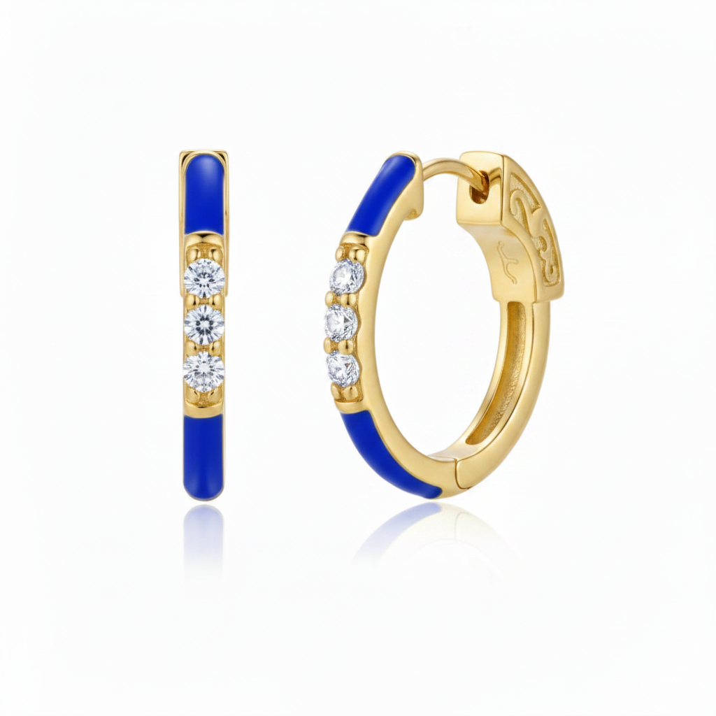 Surgical Steel Gold Plated Oval CZ and Enamel Hoop Earrings