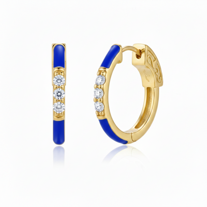 Surgical Steel Gold Plated Oval CZ and Enamel Hoop Earrings
