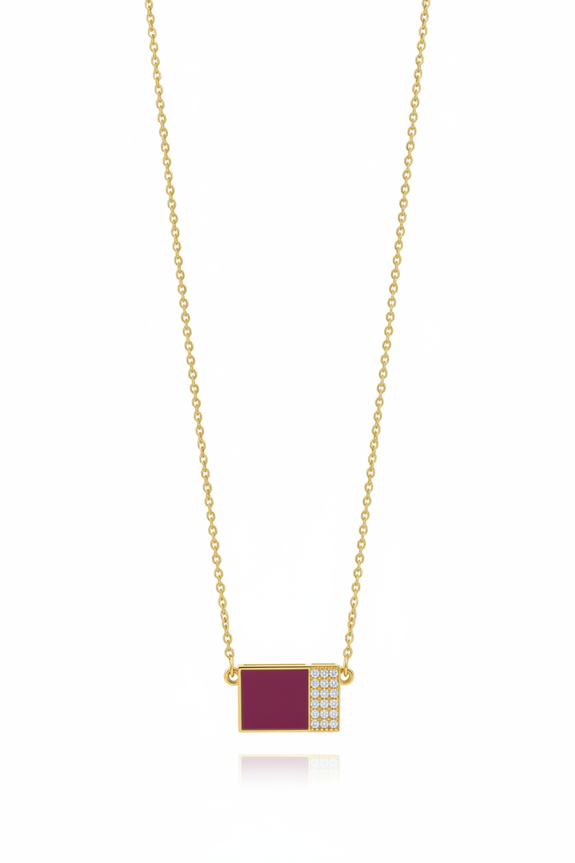 Sterling Silver Rectangular Pendant Necklace - Dark Pink Enamel Square & CZ