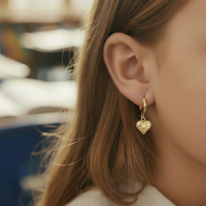 Hypoallergenic Gold Plated Textured Heart Earrings - Brass & Surgical Steel
