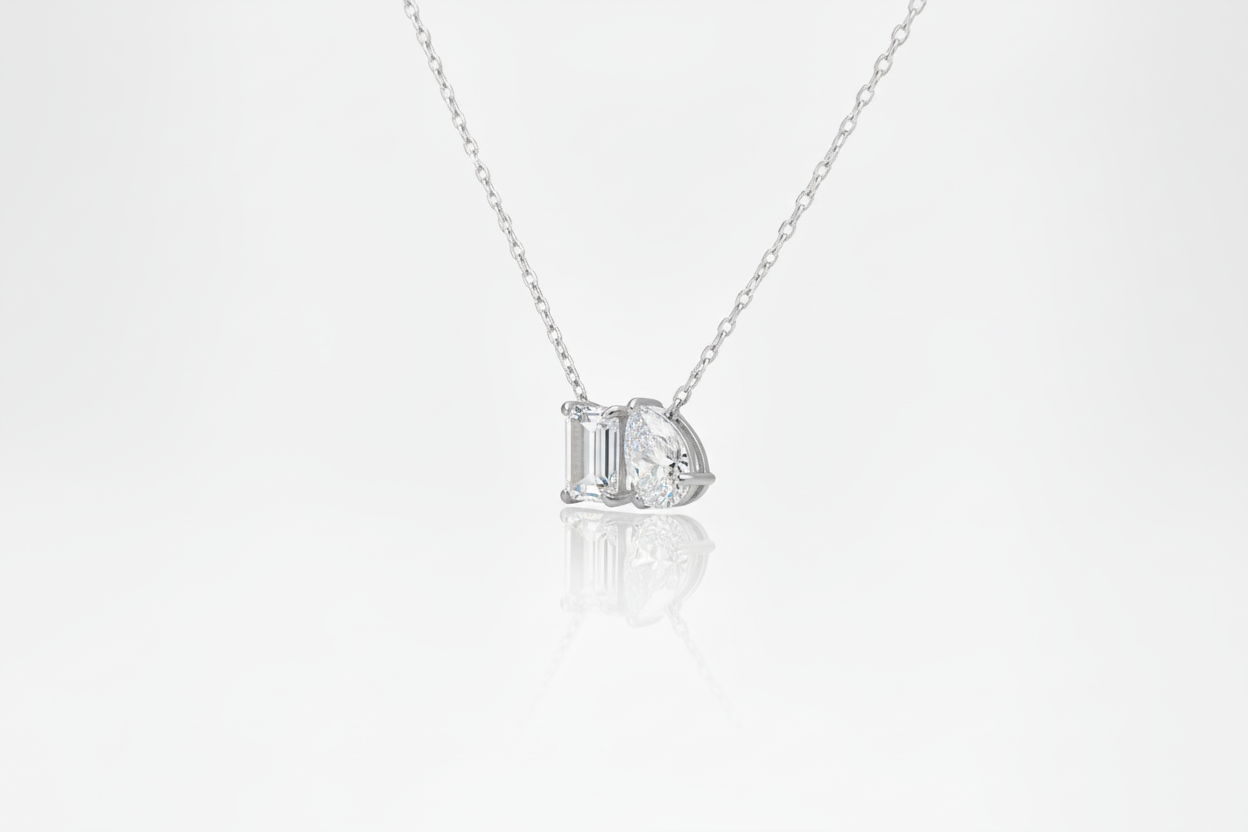 14K Emerald Cut and Pear Shaped Two Stone Lab Grown Diamond Necklace