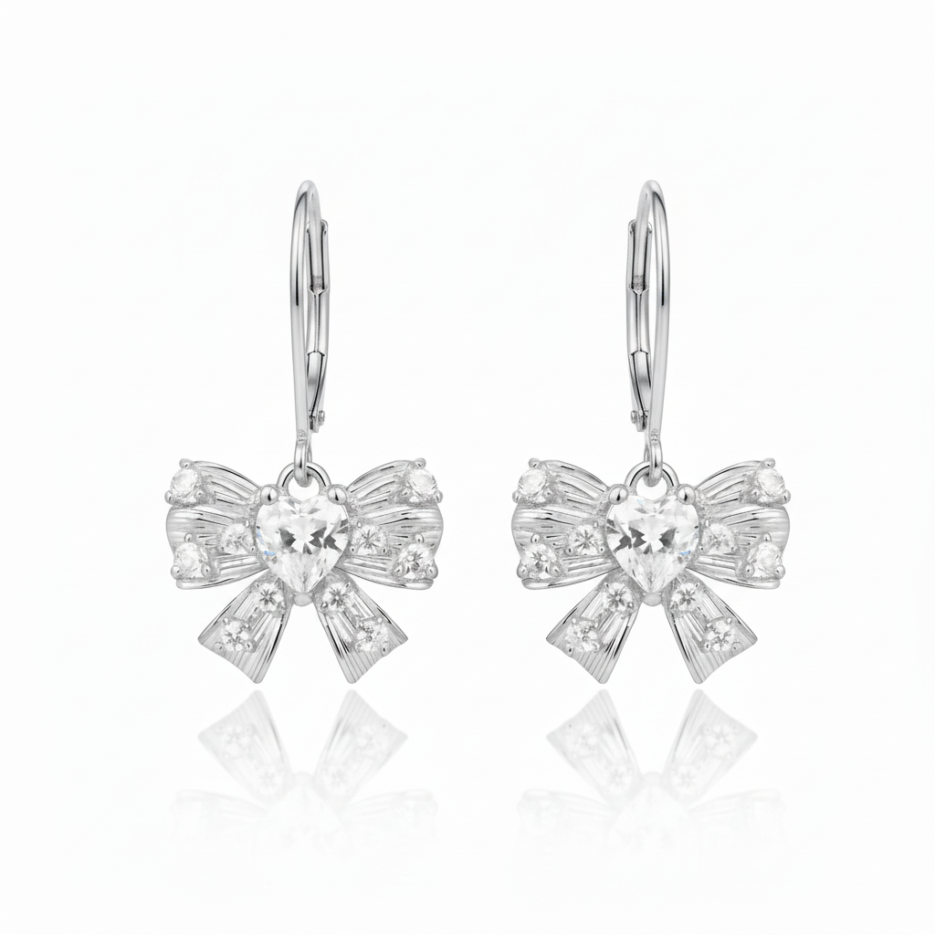 Bowknot Earrings with Heart CZ - Kids & Teens Surgical Steel