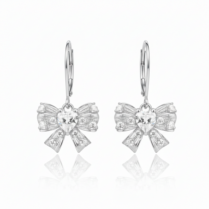 Bowknot Earrings with Heart CZ - Kids & Teens Surgical Steel
