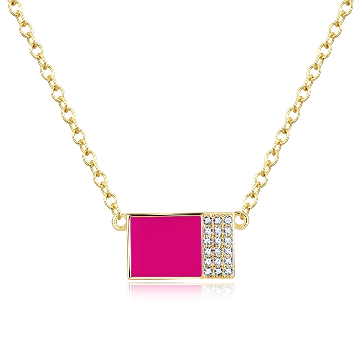 Sterling Silver Rectangular Pendant Necklace - Dark Pink Enamel Square & CZ