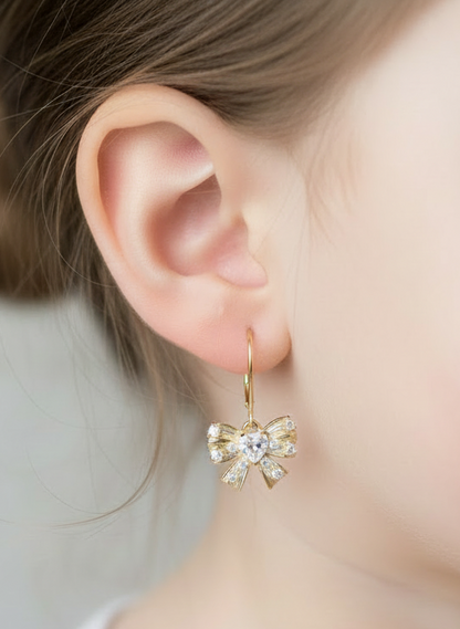 Bowknot Earrings with Heart CZ - Kids & Teens Surgical Steel