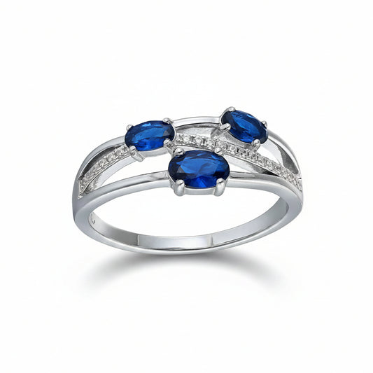 Sterling Silver Triple Oval Sapphire CZ Split Band Ring