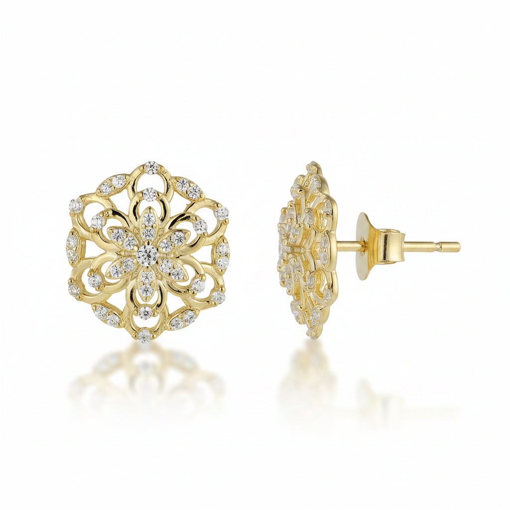 Sterling Silver Gold Plated Snowflake CZ Stud Earrings