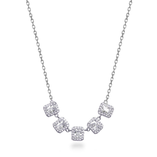 Sterling Silver 5 Halo Emerald Cut Stone Bar Necklace
