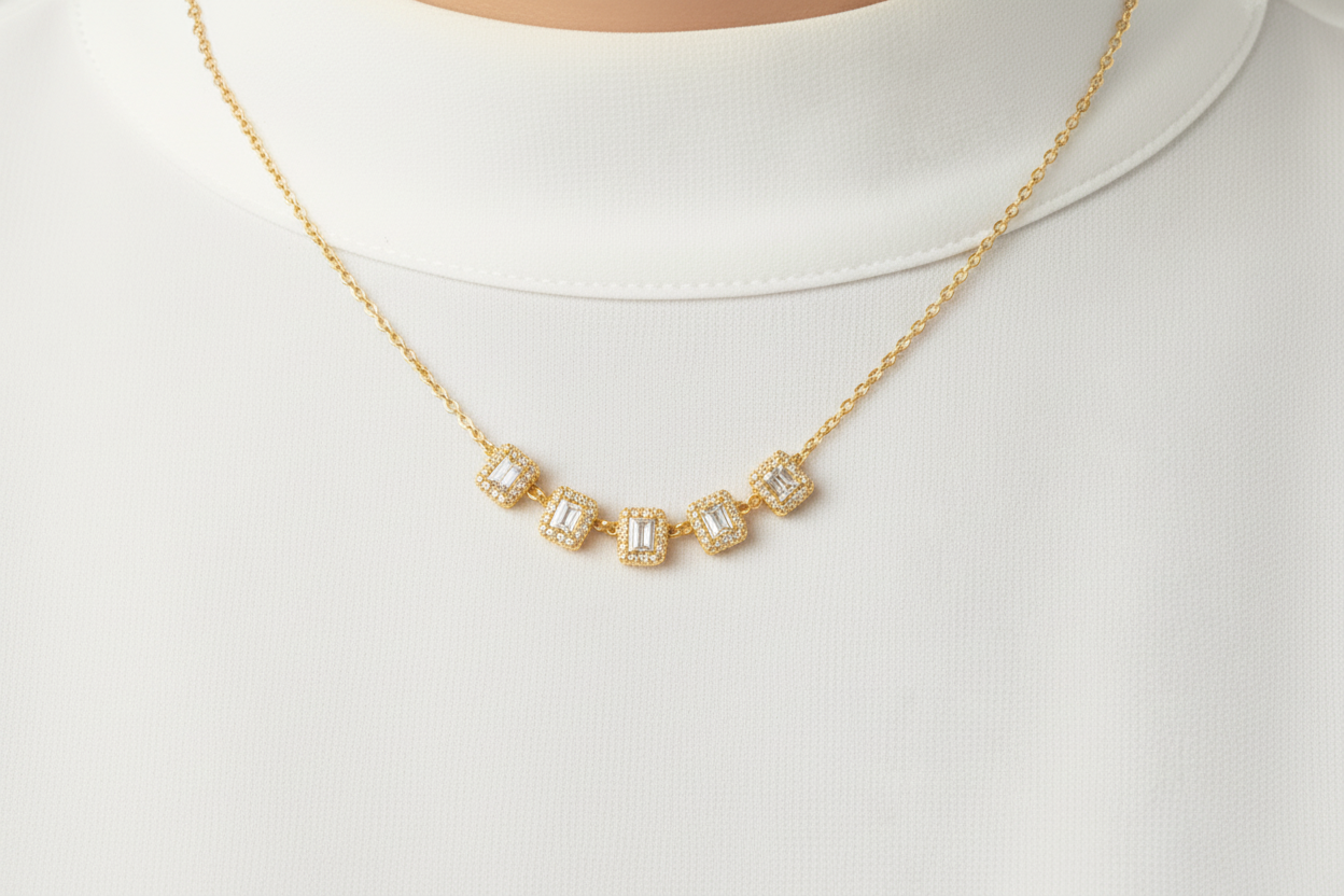 Sterling Silver 5 Halo Emerald Cut Stone Bar Necklace