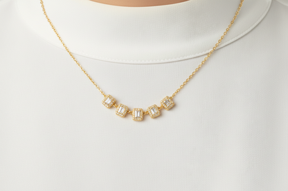 Sterling Silver 5 Halo Emerald Cut Stone Bar Necklace