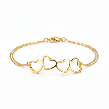 Gold Plated Sterling Silver Four Heart Double Chain Bracelet