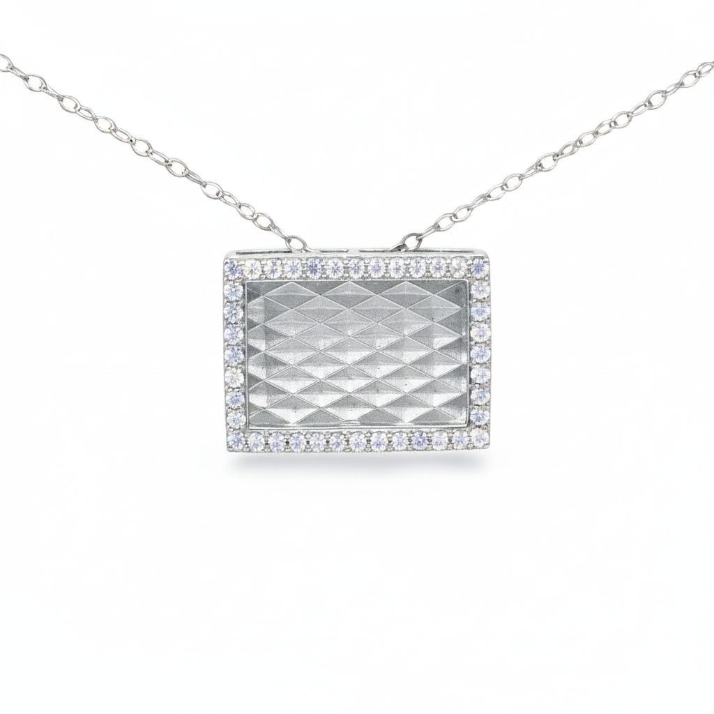 10K Gold Diamond Rectangle With Brushed Background Necklace