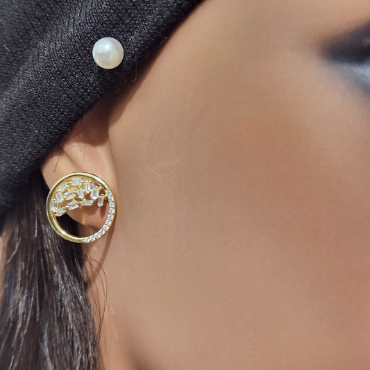 Sterling Silver Gold Plated Open Circle Sprinkled CZ Stud Earrings
