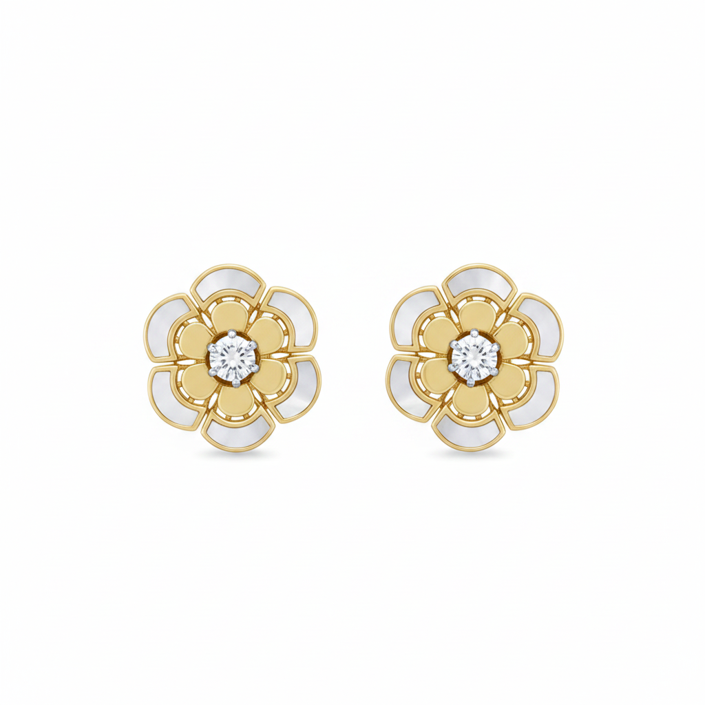 Gold Plated Sterling Silver Mother of Pearl With CZ Stud Earrings