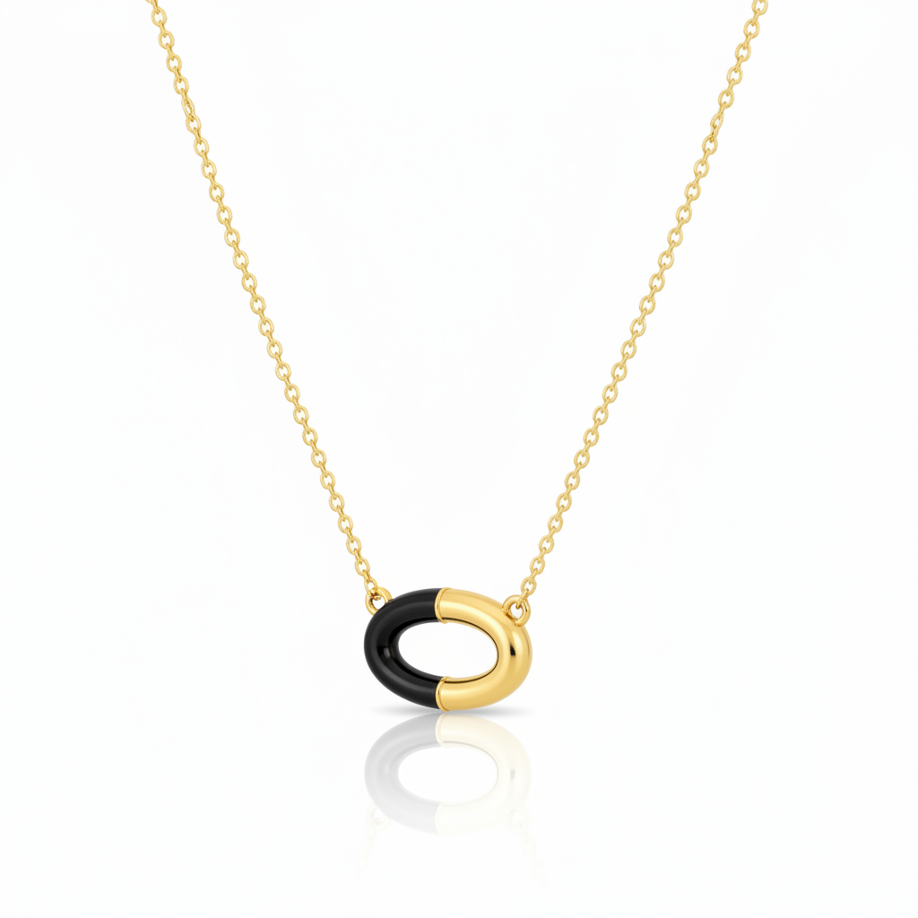 Sterling Silver Oval Pendant Necklace - Black Enamel