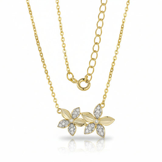 Sterling Silver Gold Double Flower With CZ Necklace