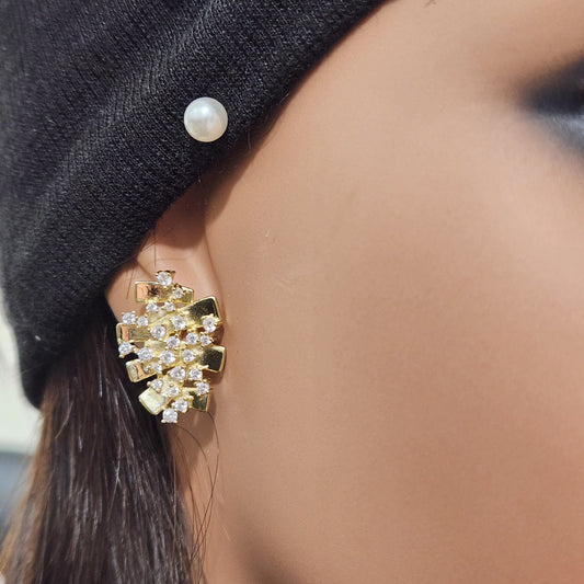 Sterling Silver Gold Plated Wave Sprinkled CZ Stud Earrings