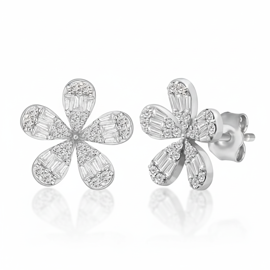 14K White Gold Five-Petal Baguette and Round Diamond Earrings - 1 CTW