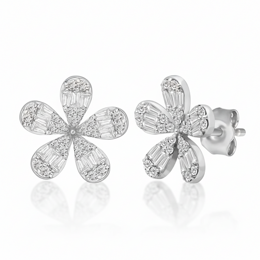 14K White Gold Five-Petal Baguette and Round Diamond Earrings - 1 CTW