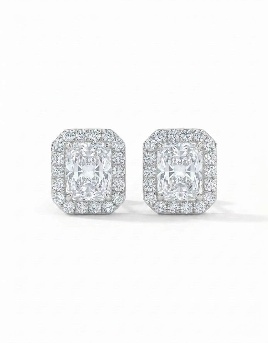 14K Halo CVD Lab Grown Diamond Earrings – Radiant or Emerald Cut | Yellow Gold or White Gold