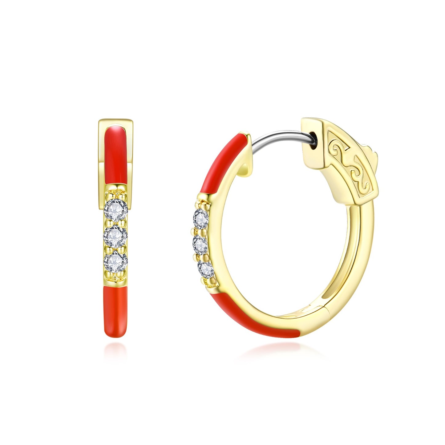 Surgical Steel Gold Plated Round CZ and Enamel Hoop Earrings
